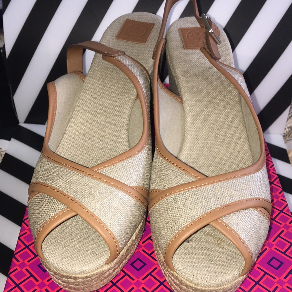 Tory Burch slingback wedges. Size 11. New with tag on bottom of shoe and box.